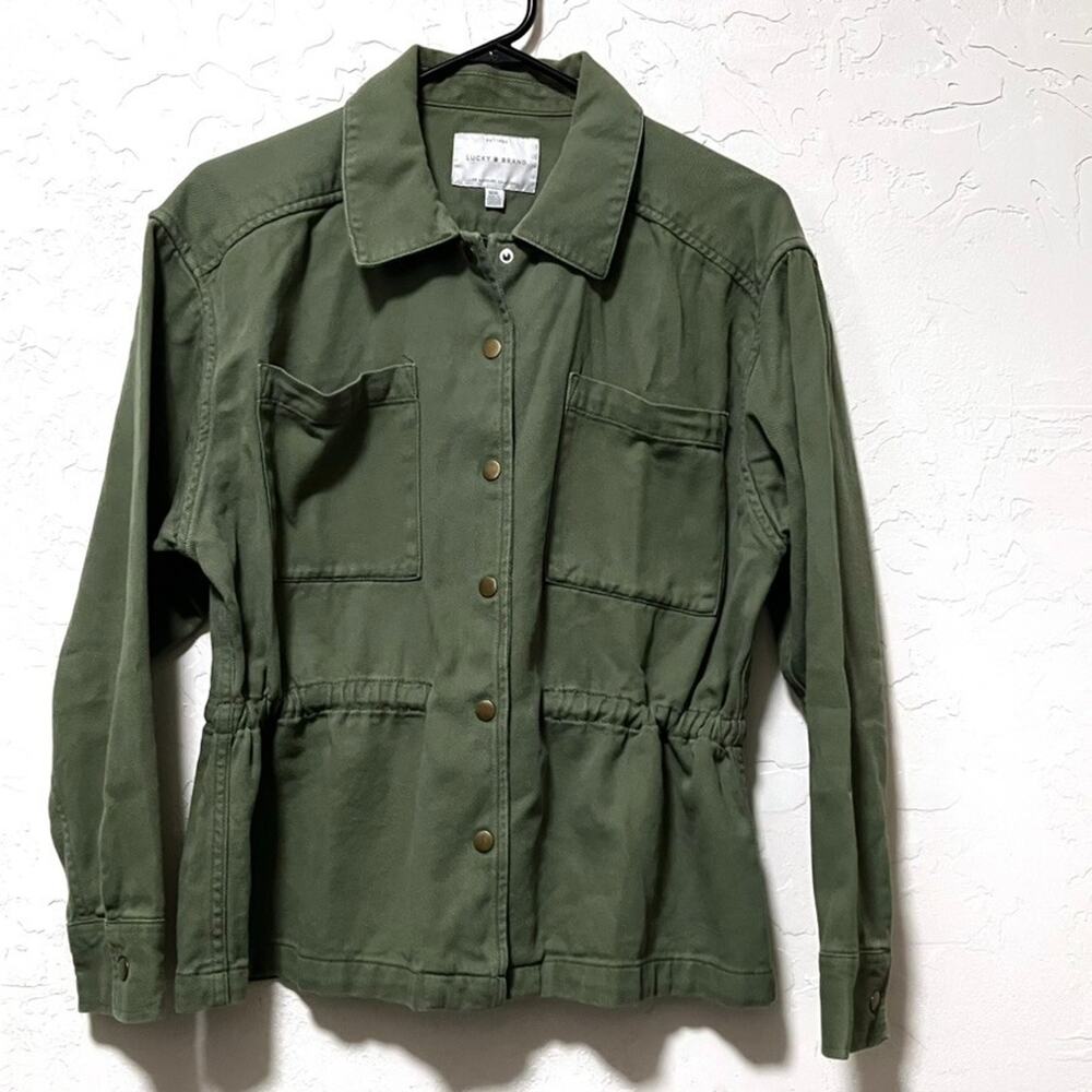 Lucky Brand Utility Jacket Olive Green Drawstring Waist Snap Cotton Blend Sz M